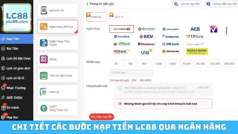 Chi tiết các bước nạp tiền LC88 qua ngân hàng